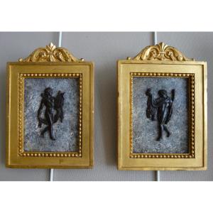 Souvenirs Du Grand Tour - Pair Of Miniature Paintings In Bronze, Faux Marble And Gilded Wood