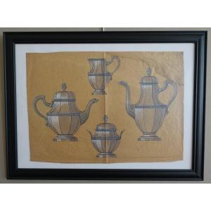Gouache - dessin d'orfèvrerie : service à café style Louis XVI en argent encadré - 80cm x 58cm