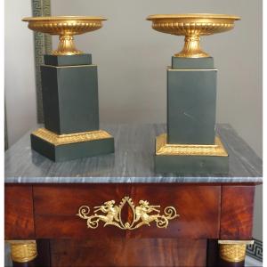 Paire de cassolettes Empire en bronze patiné et doré - Epoque Restauration