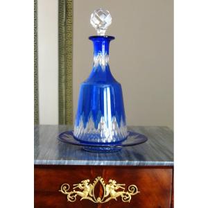 Baccarat Cut Crystal Carafe With Blue Lining And Saucer - Champigny Model