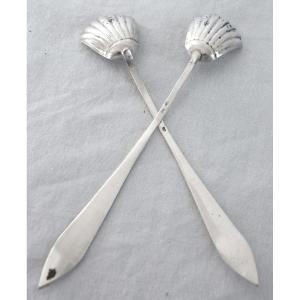 Paire de cuillères pour moutardiers ou salières 18e en argent massif d'époque début 19e siècle 