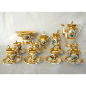 Complete 8-person Coffee Set, Floral-patterned Gilded Porcelain, Empire And Restoration Periods—12 Pieces