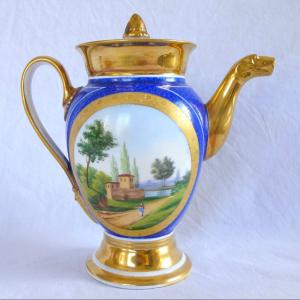 Empire-style Pitcher/teapot With Blue And Gold Decoration, Made Of Paris Porcelain, Restoration Period