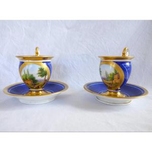 Pair Of Period Empire-style Cups With Landscape Designs On A Blue Background; Restored—paris Porcelain