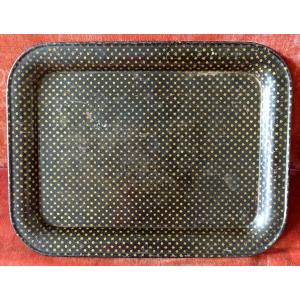 Large Napoleon III-style Serving Tray Made Of Lacquered Sheet Metal: Gold Half-stars On A Black Background