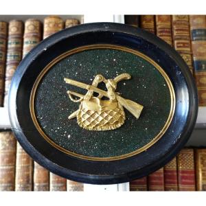 allégorie de la chasse, décor cynegetique Miniature Napoleon III bronze sur fond faux porphyre