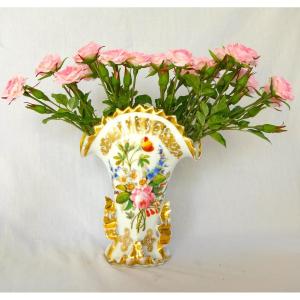 Paris Porcelain Trumpet-shaped Vase In The Style Of Jacob Petit—with A Polychrome Floral And Gold Design