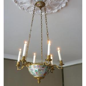 Suspension lustre en porcelaine de Chine - Canton et bronze doré d'époque 19e siècle