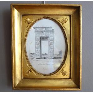 Egyptomania - Engraving Of The Karnak Temple By Leon De Joannis, Gilded Wooden Empire-style Frame
