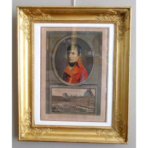 Eau-forte aquarellée : revue du Quintidi par Napoléon Bonaparte 1er Consul, cadre en bois doré