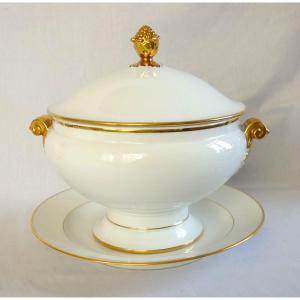 Manufacture Honoré - Soupière & dormant en porcelaine blanc & or d'époque Restauration - signée