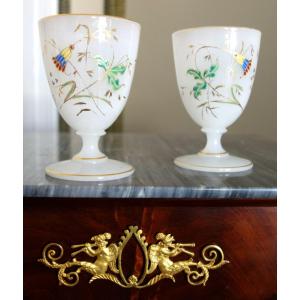 Pair Of Baccarat Opaline Crystal Toothbrush Holders With Polychrome Enamel And Gold Accents