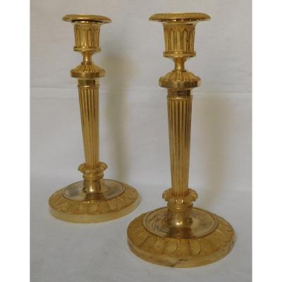 Claude Galle Model Of Chateau Fontainebleau Pair Of Candlesticks Empire - Gilt Bronze Mercury