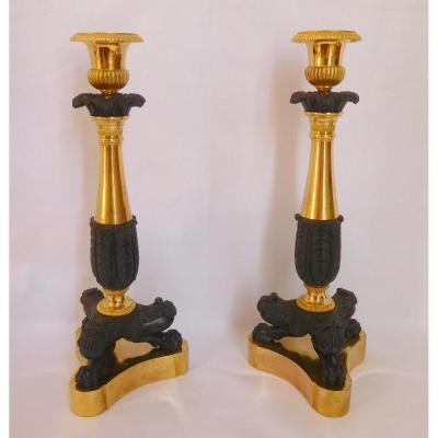 Pair Of Candlesticks / Empire Candlesticks In Gilt Bronze With Mercury & Patina, Restoration Period