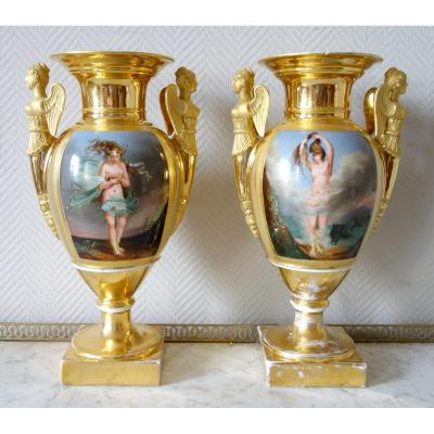 Paire De Grands Vases En Porcelaine d'époque Empire - allégories de l'air et de l'eau - 38,5cm