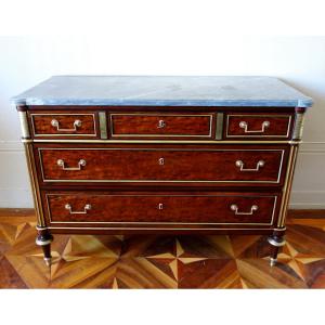 Louis XVI Directoire Commode In Speckled Mahogany, Turquin Marble And Trefoil Key - Late 18th