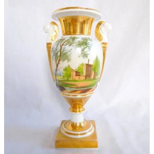 Empire Paris Porcelain Vase With Handles In Winged Lion Busts - Italian Landscapes 22cm