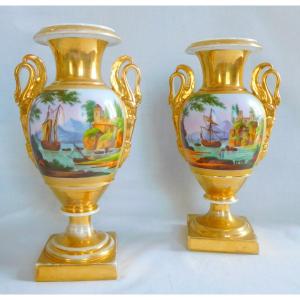 Paire De Vases Empire En Porcelaine De Paris - Paysages De Marines