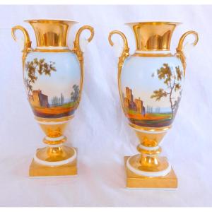 Pair Of Paris Porcelain Empire Vases - Revolving Italian Landscapes - 27cm 