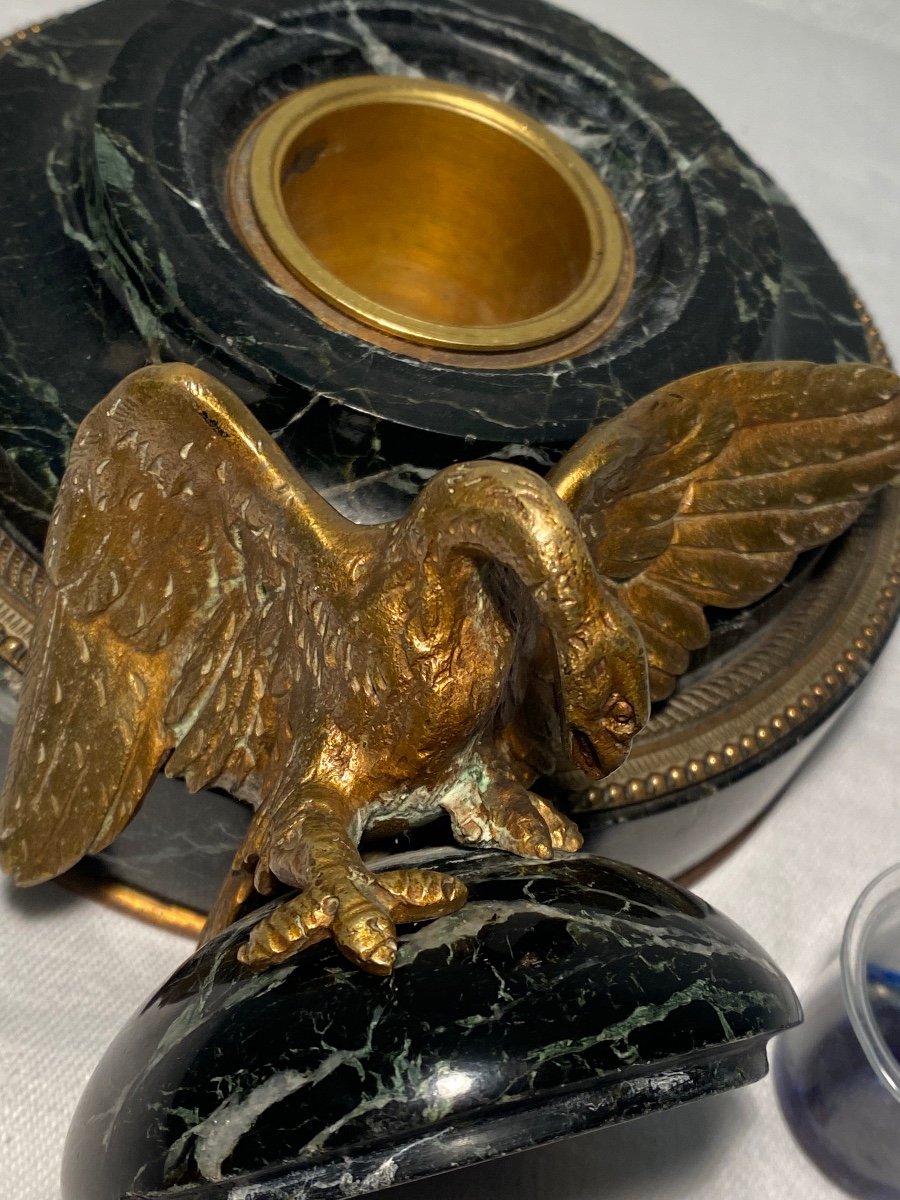 Rare Round Empire Style Inkwell / Bronze Eagle-photo-4