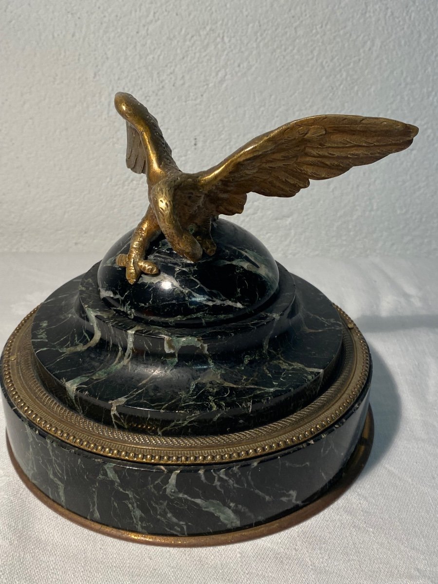 Rare Round Empire Style Inkwell / Bronze Eagle-photo-1