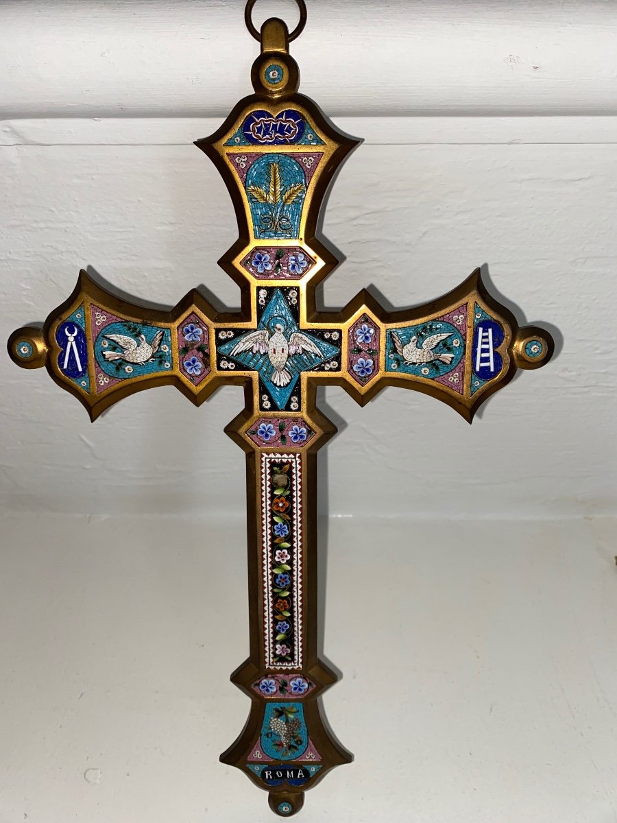 Large Bronze Crucifix And Micro Mosaic Roma With Its Christ 