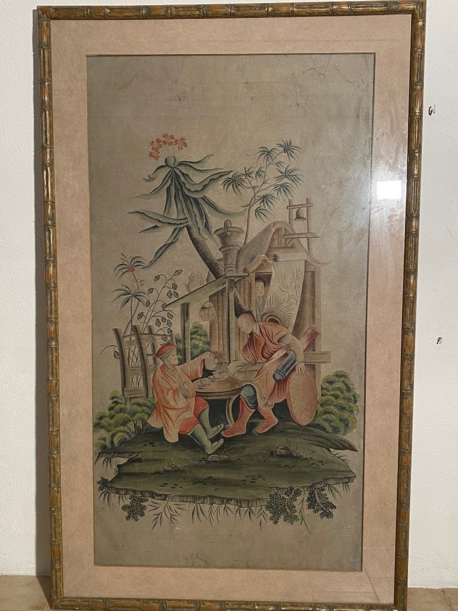 Pair Of Large Old Paintings Asian Scenes -photo-2