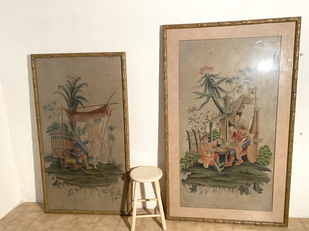 Pair Of Large Old Paintings Asian Scenes 