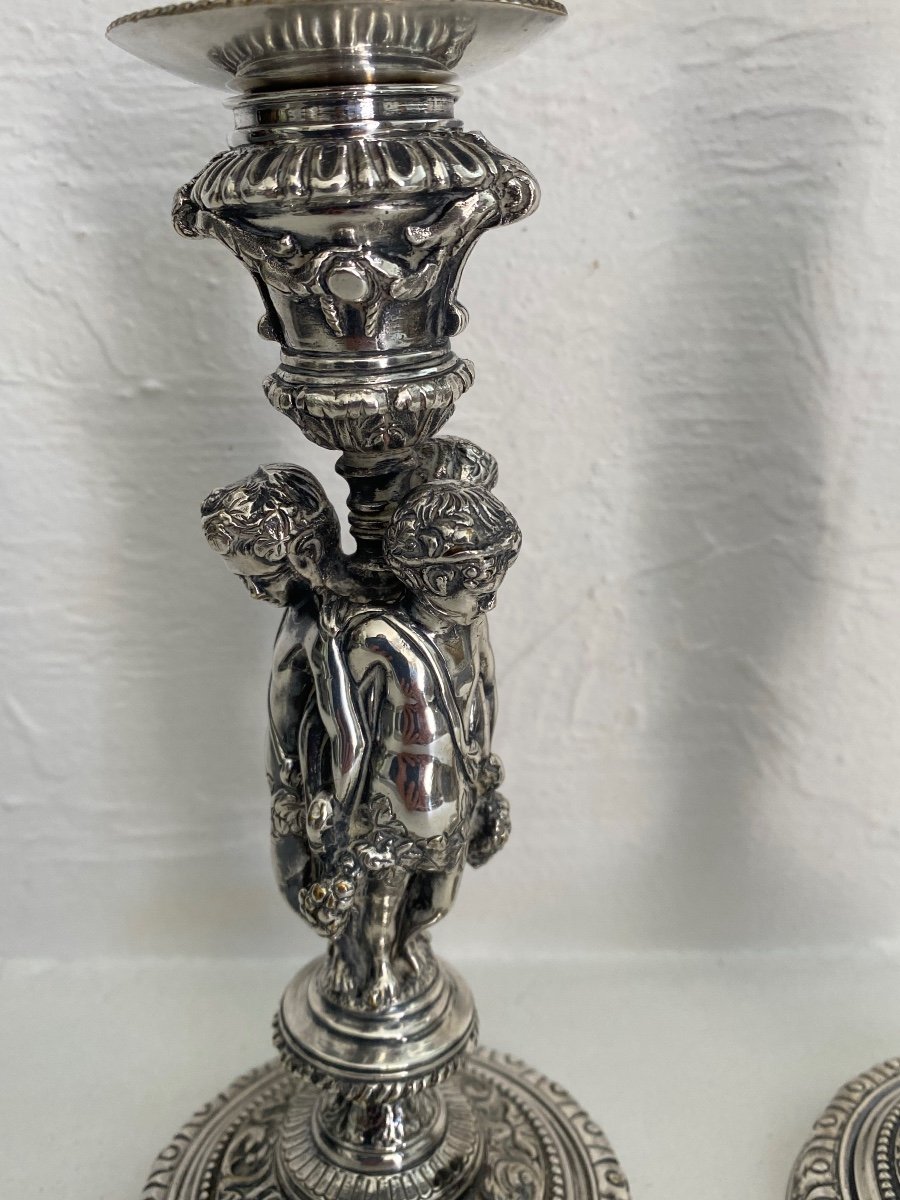 Paire de Bougeoirs / Flambeaux  aux Putti en  bronze argenté / Vigne, Raisin -photo-3