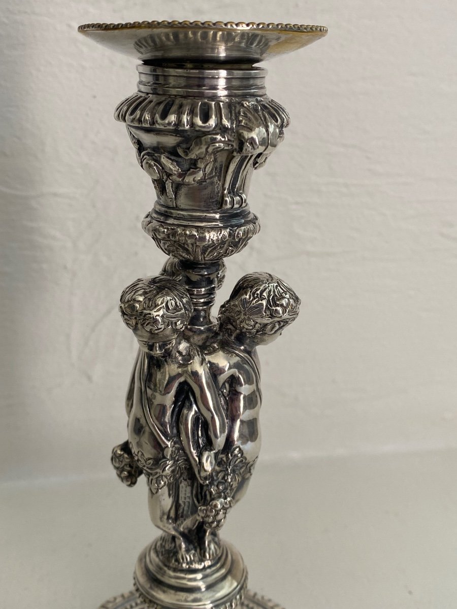 Paire de Bougeoirs / Flambeaux  aux Putti en  bronze argenté / Vigne, Raisin -photo-2