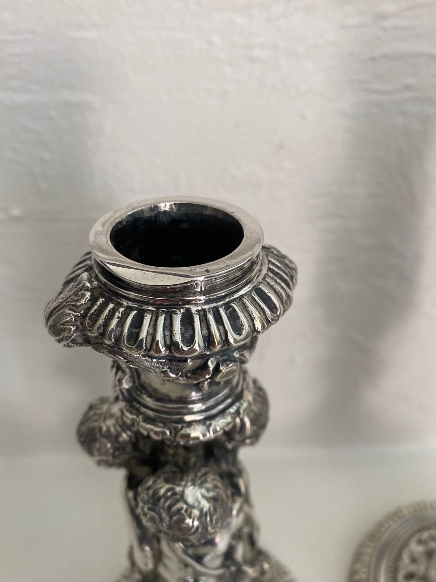 Paire de Bougeoirs / Flambeaux  aux Putti en  bronze argenté / Vigne, Raisin -photo-3