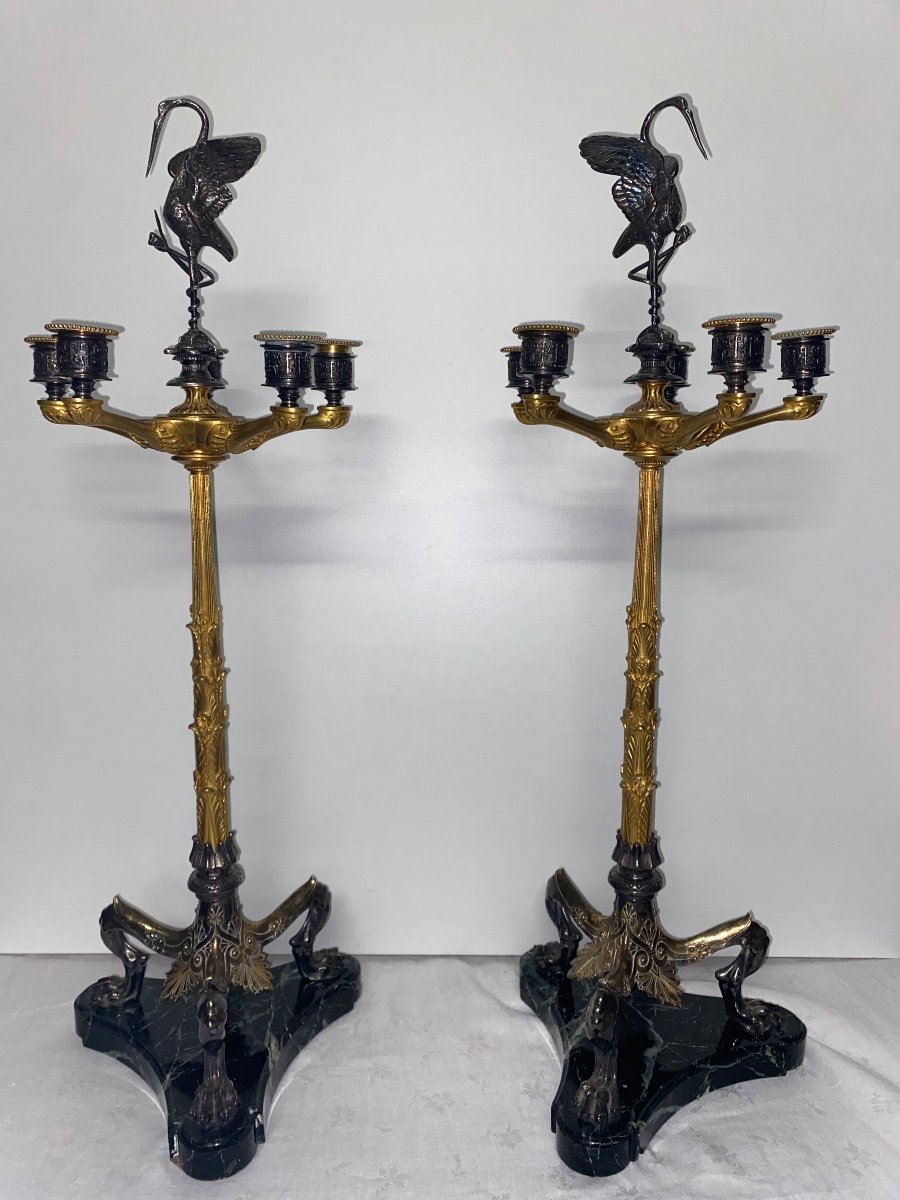Auguste-maximilien Delafontaine Large Pair Of Bronze Candlesticks. H: 67 Cm -photo-1