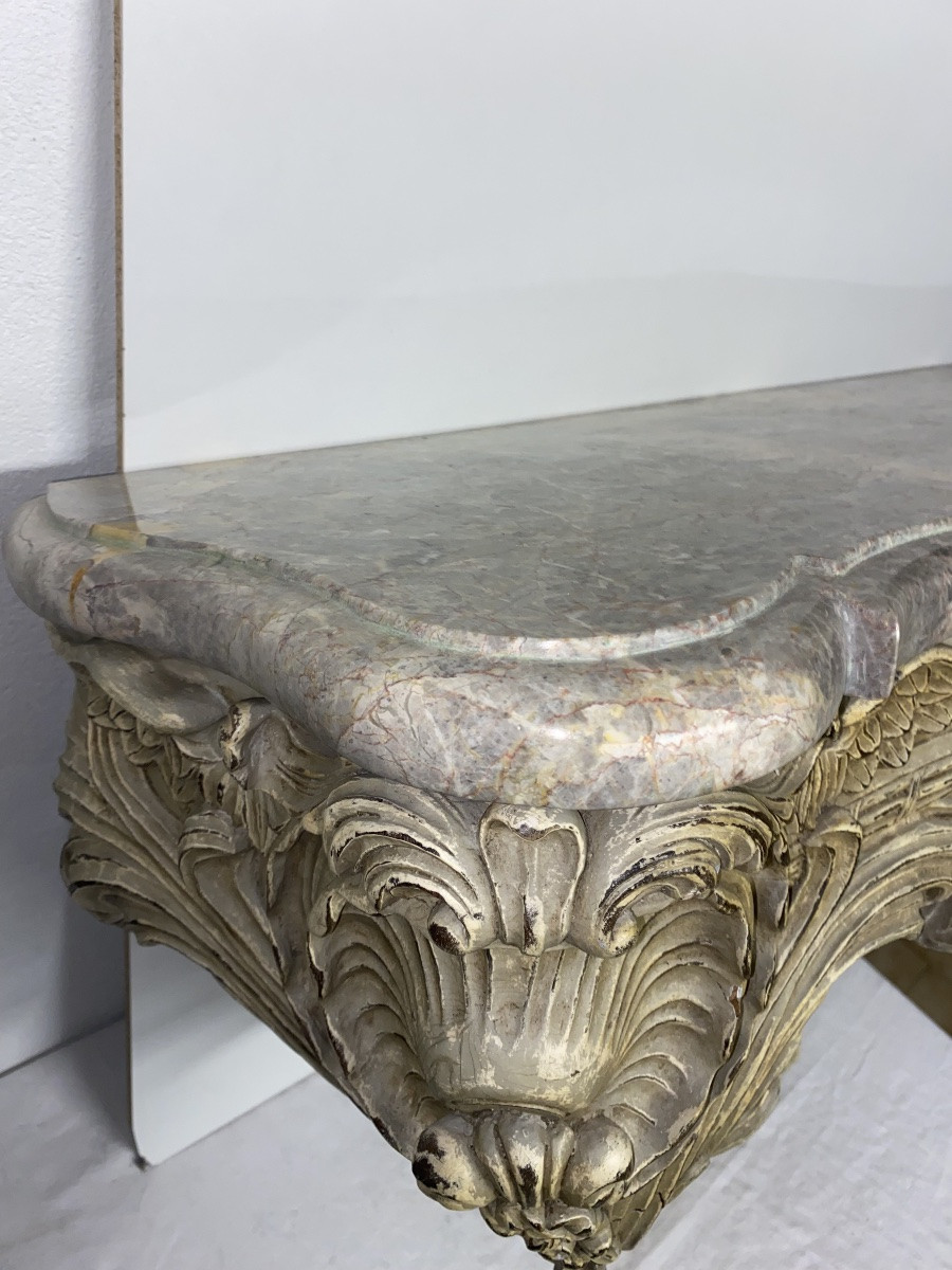 Console d’applique de Style Louis XV en bois patiné dessus  marbre -photo-1