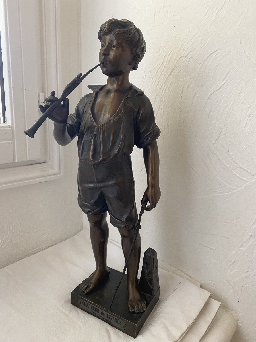 Bronze Signed Lavergne, The Lizard Charmer 47 Cm 