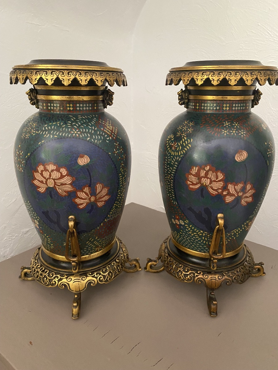 Paire de bronze cloisonné signé Barbedienne-photo-3