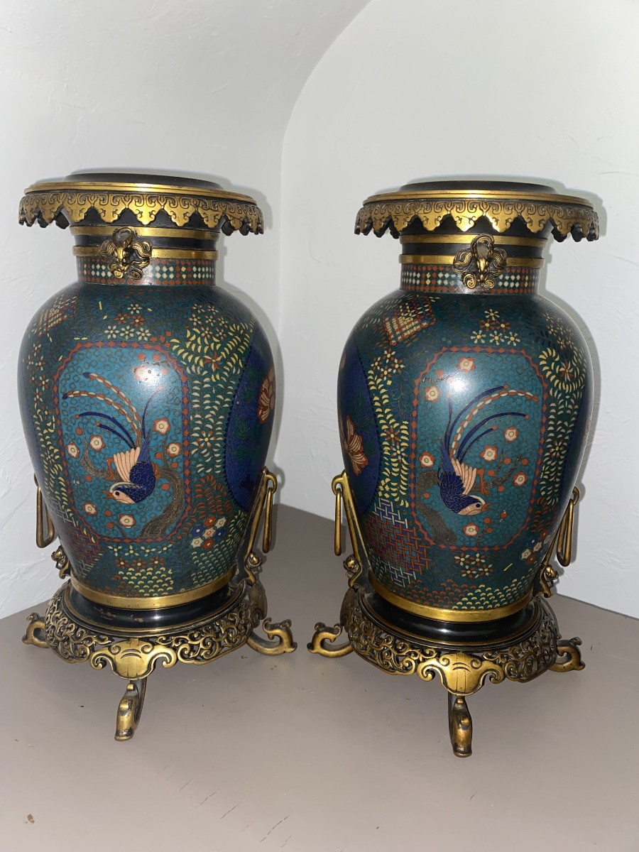Paire de bronze cloisonné signé Barbedienne-photo-1