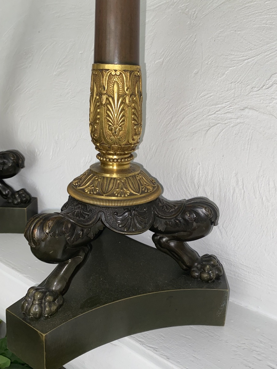 Large Pair Of Empire/restoration Candelabras In Double Patinated Bronze /69 Cm -photo-1