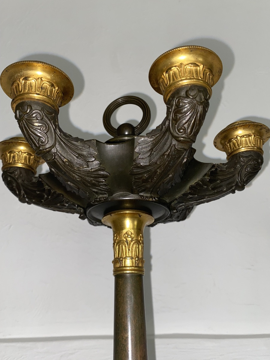 Large Pair Of Empire/restoration Candelabras In Double Patinated Bronze /69 Cm -photo-3