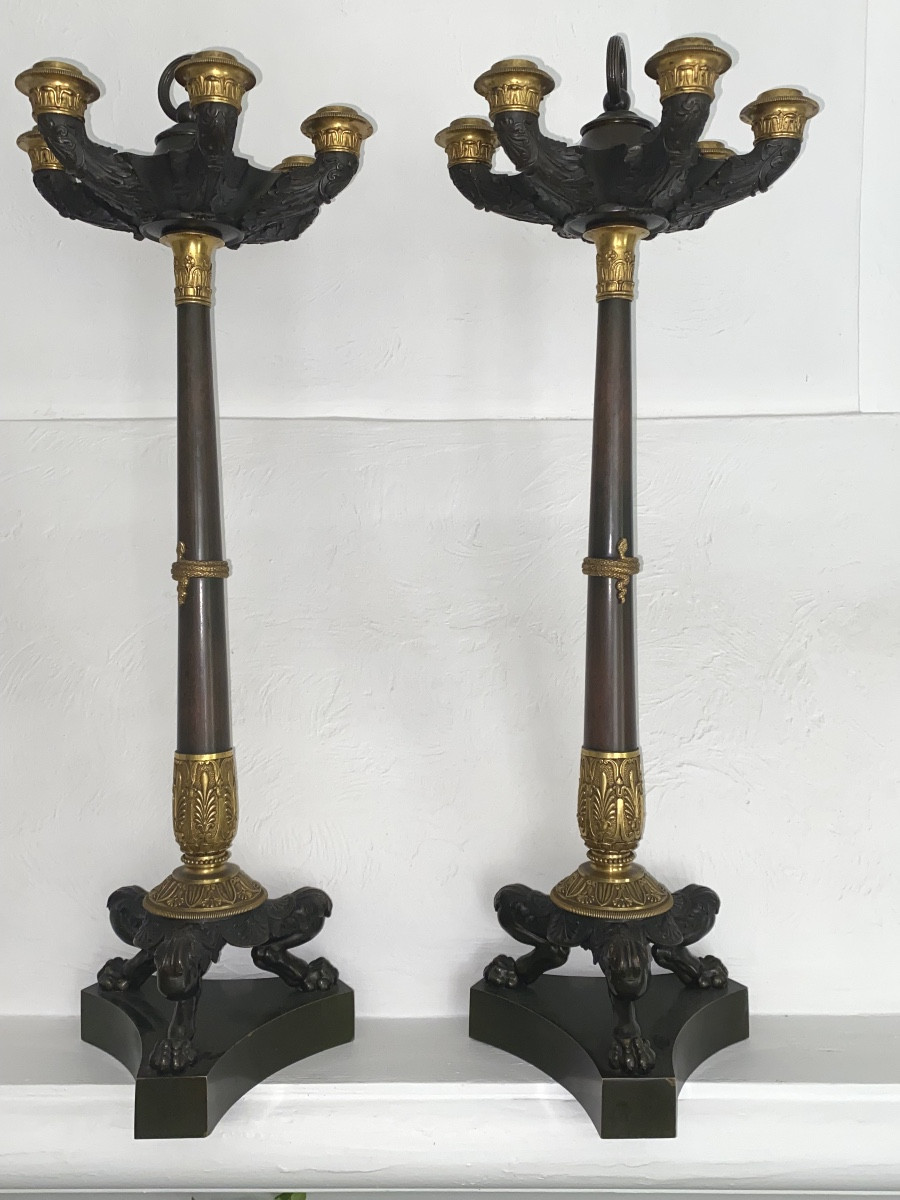 Large Pair Of Empire/restoration Candelabras In Double Patinated Bronze /69 Cm 