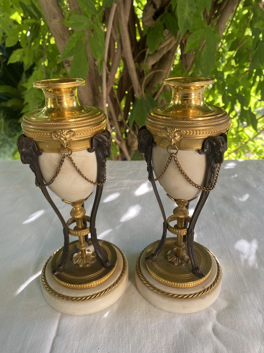 Pair Of Louis XVI Style Cassolettes, Candlesticks In Marble And Gilded Bronze 