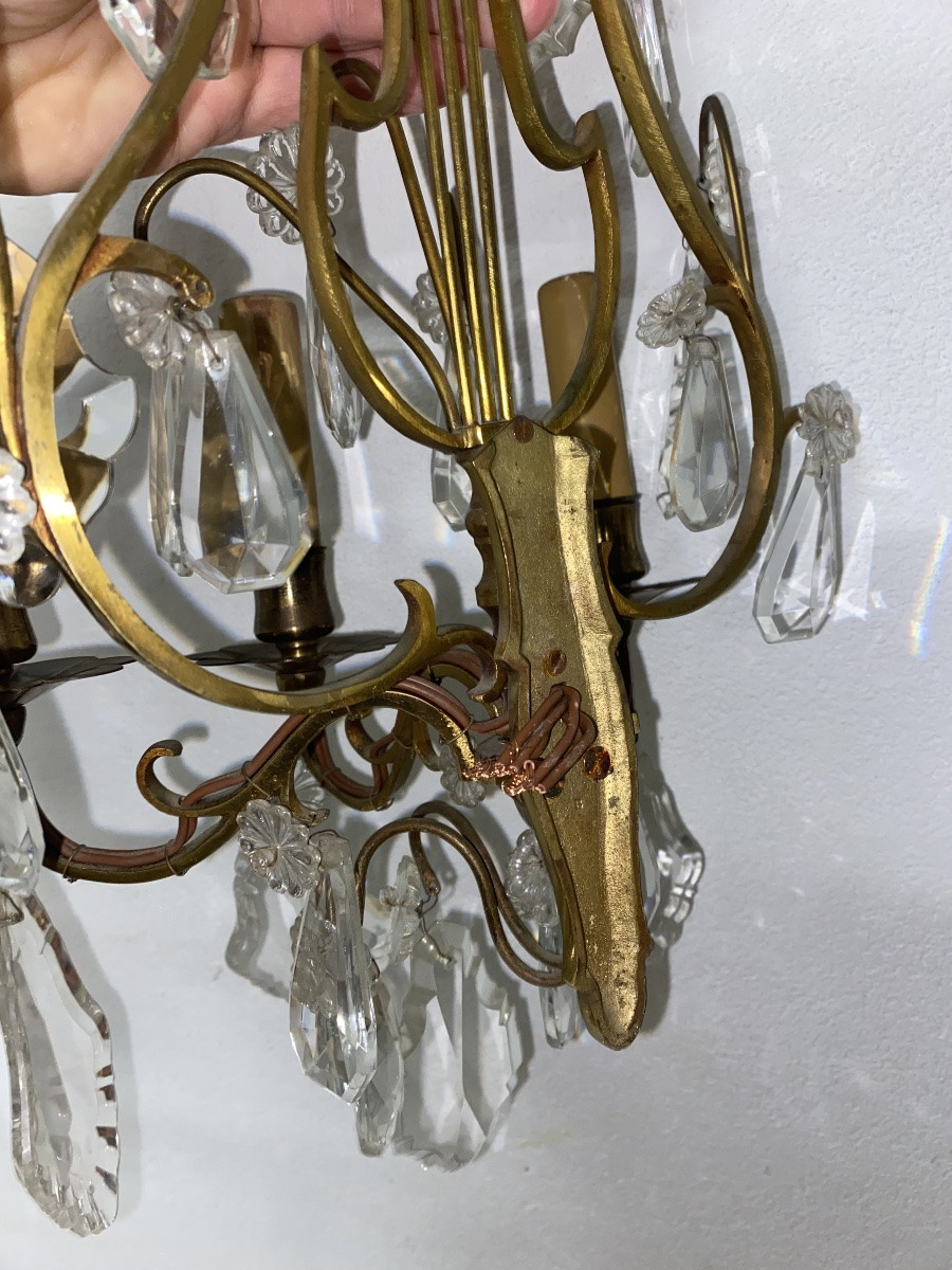 Paire d’appliques modèle Lyre en bronze et cristal H 53 cm -photo-2