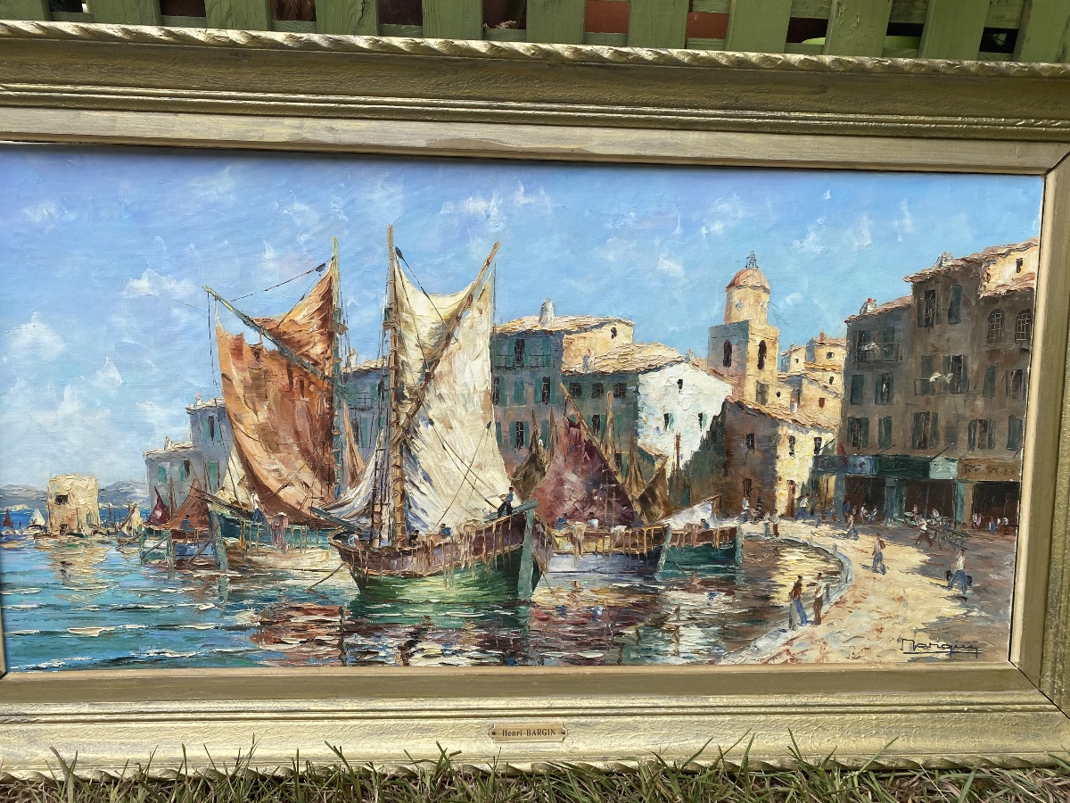 Saint Tropez - Huile sur toile représentant les Tartanes au vieux port par Henri Edouard Bargin-photo-2