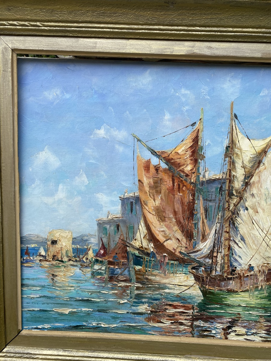 Saint Tropez - Huile sur toile représentant les Tartanes au vieux port par Henri Edouard Bargin-photo-3
