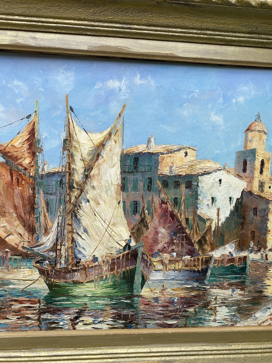 Saint Tropez - Huile sur toile représentant les Tartanes au vieux port par Henri Edouard Bargin-photo-4