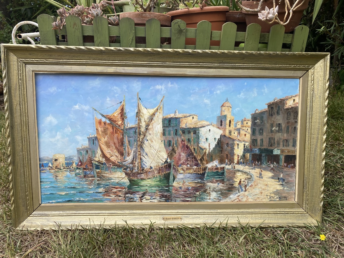 Saint Tropez - Huile sur toile représentant les Tartanes au vieux port par Henri Edouard Bargin