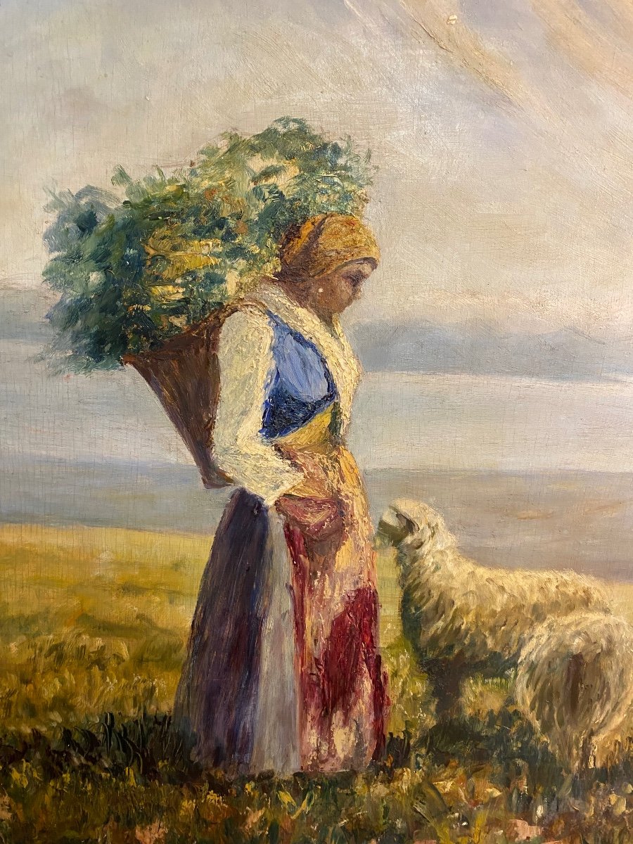 Large Painting Signed Shepherdess And Sheep-photo-4