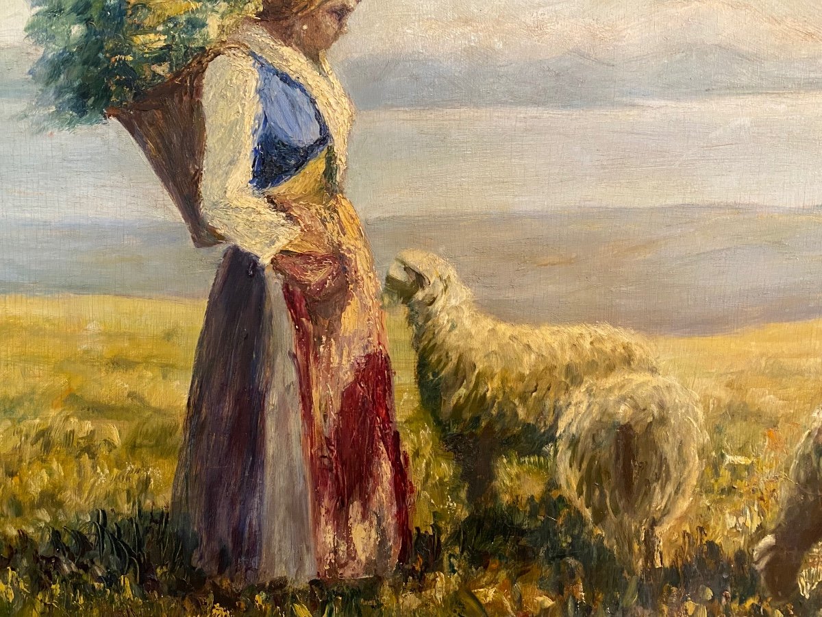 Grande Peinture signée Bergère et moutons -photo-2