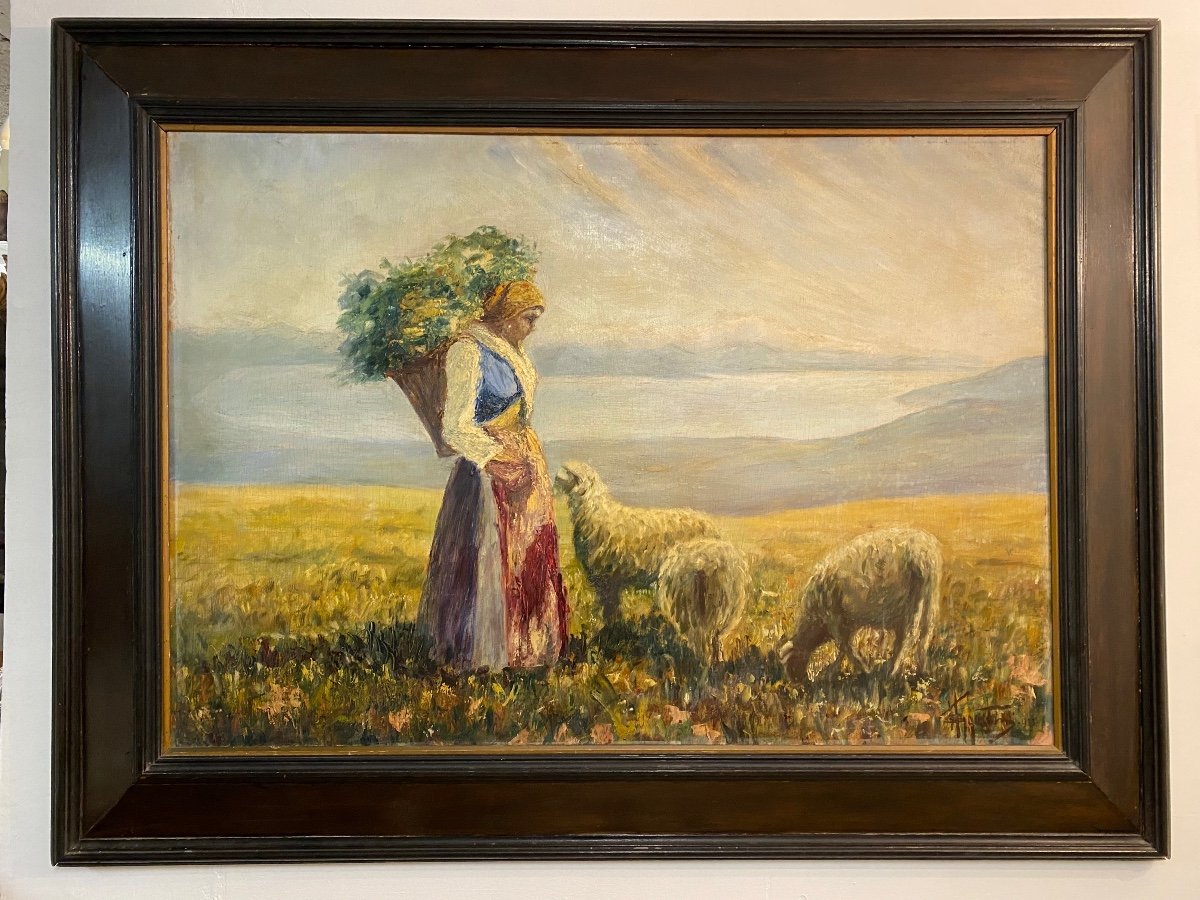 Grande Peinture signée Bergère et moutons 
