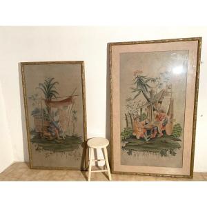 Pair Of Large Old Paintings Asian Scenes 