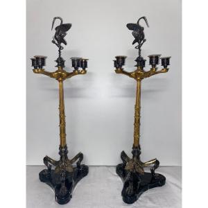 Auguste-maximilien Delafontaine Large Pair Of Bronze Candlesticks. H: 67 Cm 